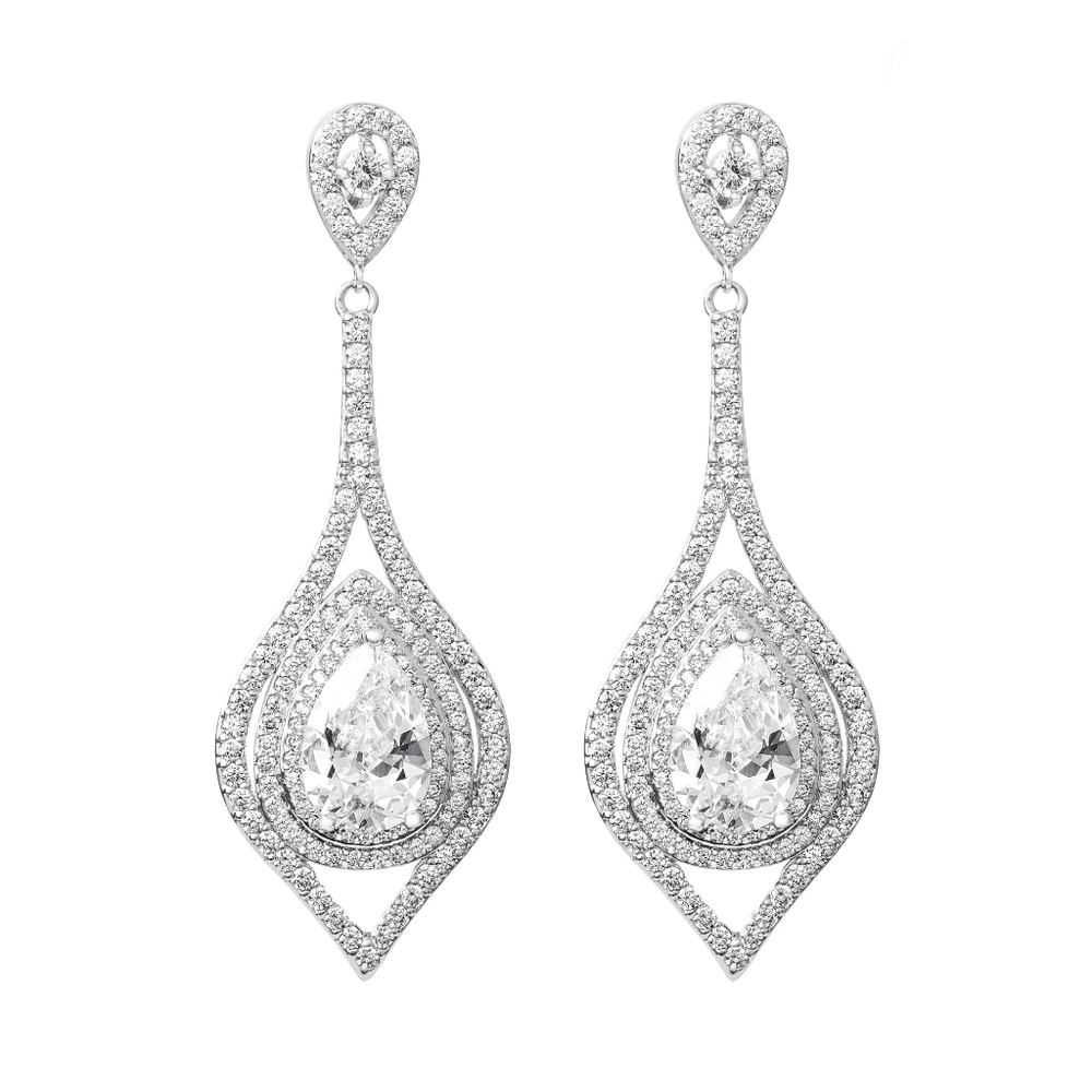 Silver Plated  & CZ Drop Style Faux Diamond Earrings Posts